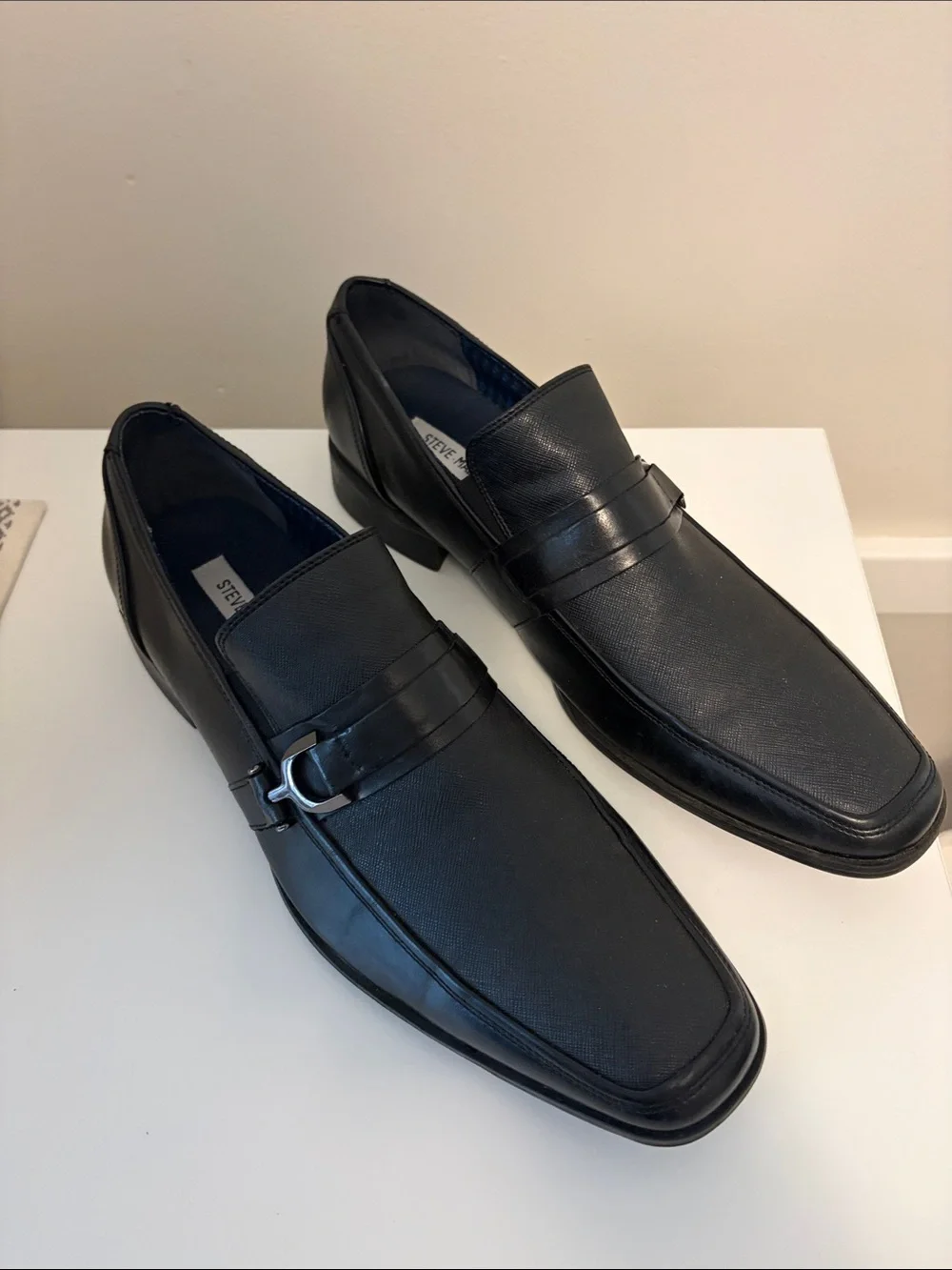 Steve Madden Black Leather Slip-On Loafers with Silver Buckle